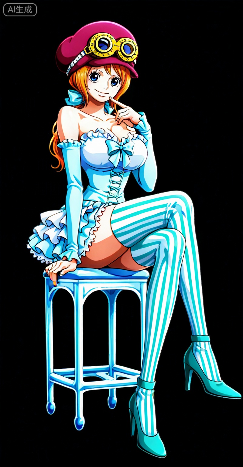 Koala one piece,Koala\(one piece\),1girl,solo,hat,blue eyes,orange hair,goggles,short hair,goggles on headwear,
1girl,solo,thighhighs,vertical-striped clothes,breasts,high heels,cleavage,long hair,striped clothes,bow,detached sleeves,transparent chair,vertical-striped thighhighs,smile,open mouth,aqua footwear,sitting,crossed_legs,looking at viewer,collarbone,full body,hair bow,frills,bare shoulders,large breasts,dress,striped thighhighs,pink bow,strapless,aqua bow,finger to mouth,

,
depth of field,masterpiece,best quality,very aesthetic,alternate costume,alternate costume,2024,2023,perfect composition,ultra-detailed,extreme aesthetic,masterpiece,best quality,good quality,newest,year 2024,year 2023,very aesthetic,absurdres,looking_at_viewer,colorful,(black_background:1.1),simple background,