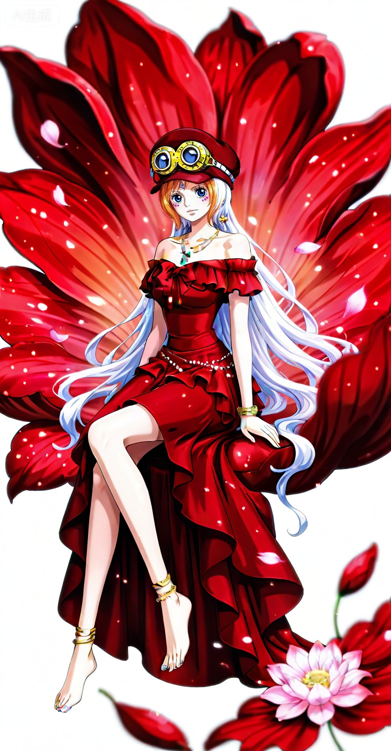 Koala one piece,Koala\(one piece\),1girl,solo,hat,blue eyes,orange hair,goggles,short hair,goggles on headwear,
lvjing,1girl,dress,long hair,red dress,barefoot,hair ornament,flower,white hair,jewelry,forehead mark,full body,anklet,facial mark,bare legs,sitting,necklace,solo,lotus,bare shoulders,3,

,
depth of field,masterpiece,best quality,very aesthetic,alternate costume,alternate costume,2024,2023,perfect composition,ultra-detailed,extreme aesthetic,masterpiece,best quality,good quality,newest,year 2024,year 2023,very aesthetic,absurdres,looking_at_viewer,colorful,(white_background:1.1),simple background,
