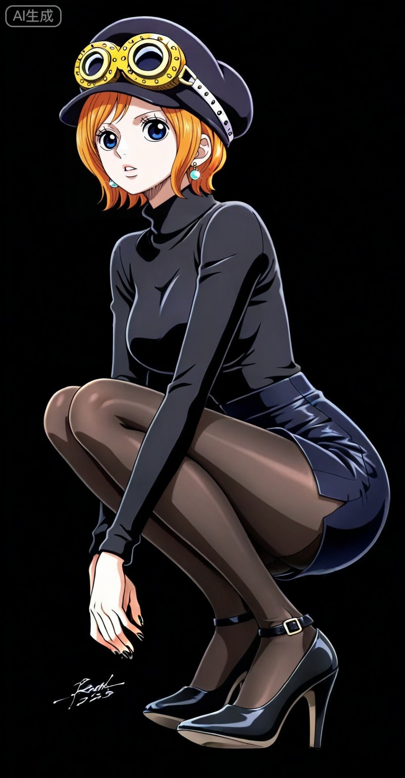 Koala one piece,Koala\(one piece\),1girl,solo,hat,blue eyes,orange hair,goggles,short hair,goggles on headwear,
1girl,solo,pantyhose,high heels,looking at viewer,black footwear,squatting,sweater,full body,parted lips,black sweater,earrings,signature,black nails,long sleeves,parted bangs,jewelry,pencil skirt,skirt,bangs,turtleneck,nail polish,black pantyhose,dress,(Black background:1.2),simple background,

,
depth of field,masterpiece,best quality,very aesthetic,alternate costume,alternate costume,2024,2023,perfect composition,ultra-detailed,extreme aesthetic,masterpiece,best quality,good quality,newest,year 2024,year 2023,very aesthetic,absurdres,looking_at_viewer,colorful,(white_background:1.1),simple background,