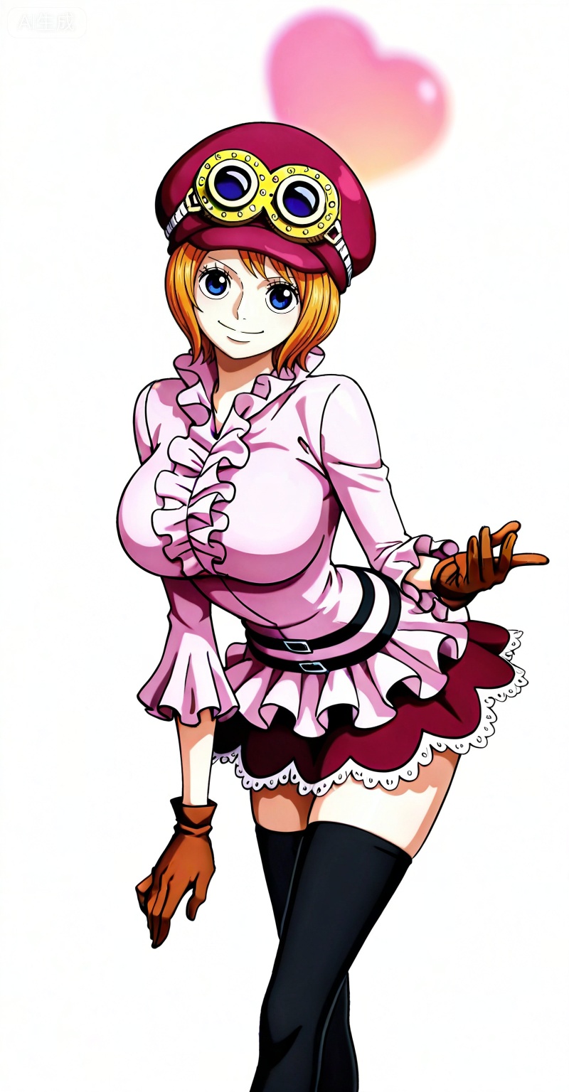 ,Koala one piece,Koala\(one piece\),1girl,solo,thighhighs,hat,breasts,gloves,blue eyes,orange hair,large breasts,goggles,short hair,skirt,goggles on headwear,black thighhighs,smile,depth of field,masterpiece,best quality,very aesthetic,alternate costume,alternate costume,2024,2023,perfect composition,ultra-detailed,extreme aesthetic,masterpiece,best quality,good quality,newest,year 2024,year 2023,very aesthetic,absurdres,looking_at_viewer,colorful,(white_background:1.1),simple background,