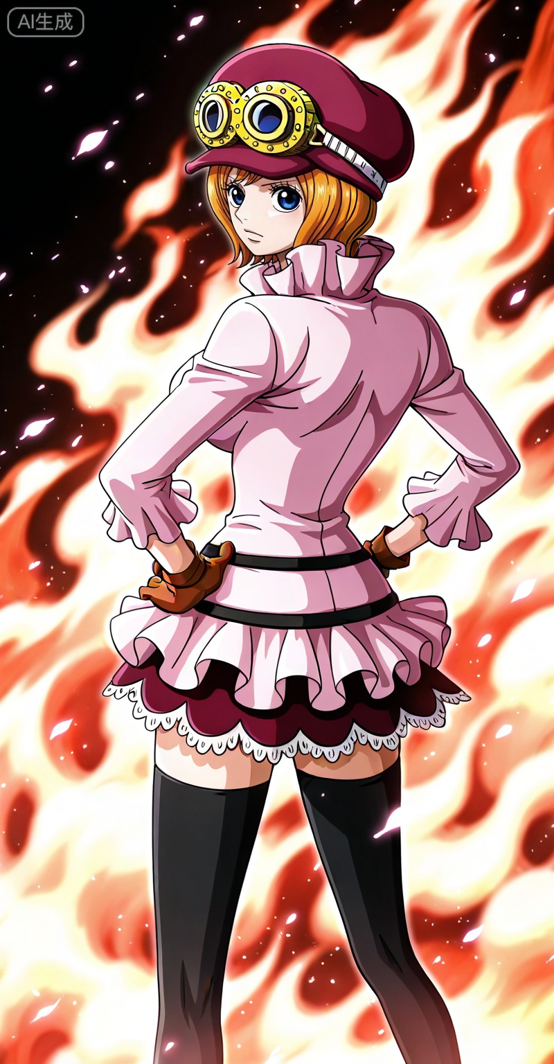 Koala one piece,Koala\(one piece\),1girl,solo,hat,blue eyes,orange hair,goggles,short hair,goggles on headwear,
Koala one piece, Koala\(one piece\), 1girl, solo, thighhighs, goggles on headwear, gloves, hat, goggles, short hair, blue eyes, skirt, orange hair, pink shirt, zettai ryouiki, looking back, brown gloves, black thighhighs, fire, looking at viewer, hand on own hip, frills,
depth of field,masterpiece,best quality,very aesthetic,alternate costume,alternate costume,2024,2023,perfect composition,ultra-detailed,extreme aesthetic,masterpiece,best quality,good quality,newest,year 2024,year 2023,very aesthetic,absurdres,looking_at_viewer,colorful,(white_background:1.1),simple background,