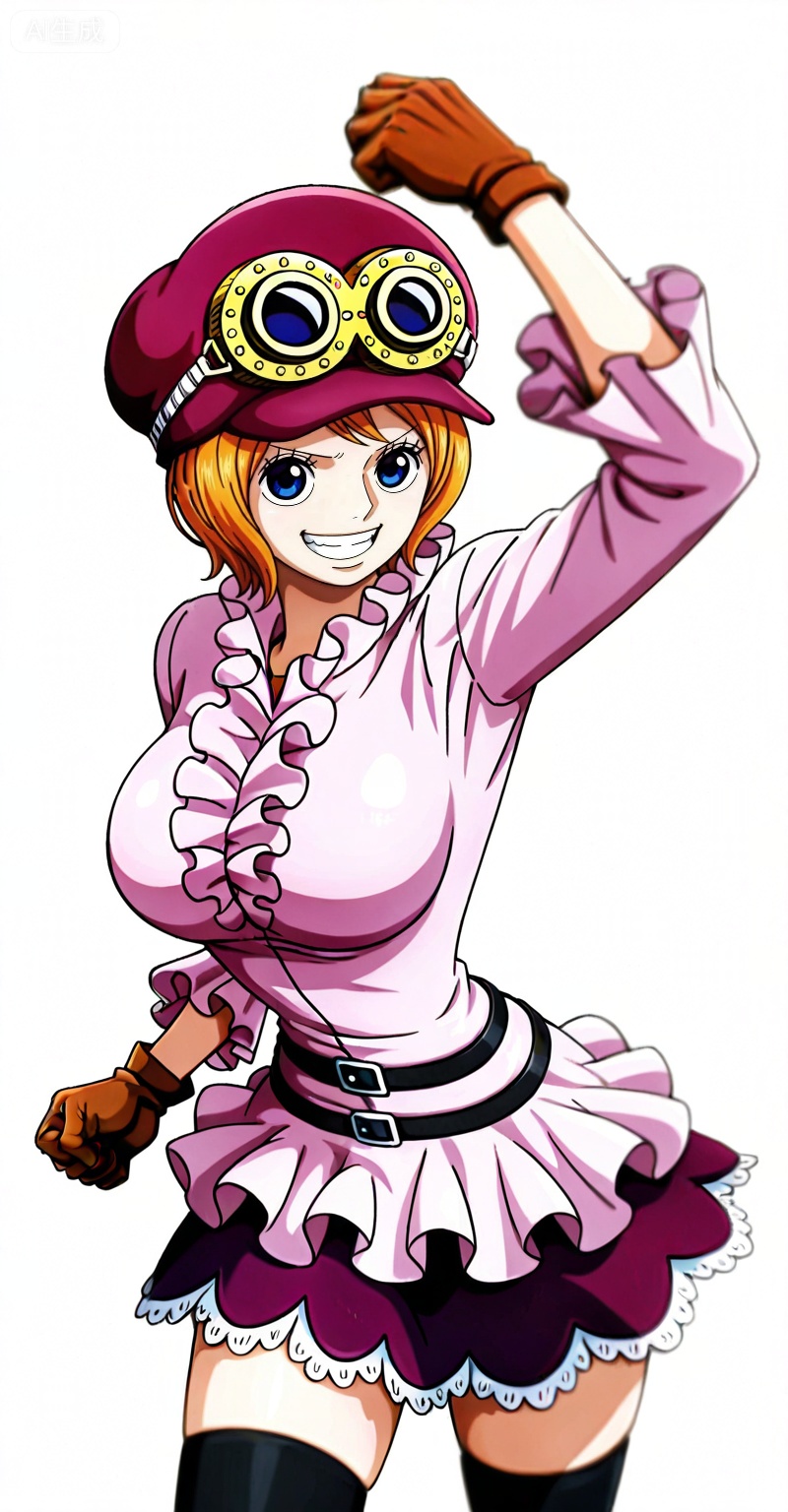 Koala one piece,Koala\(one piece\),1girl,solo,hat,blue eyes,orange hair,goggles,short hair,goggles on headwear,
Koala one piece, Koala\(one piece\), 1girl, solo, goggles on headwear, goggles, pink shirt, hat, thighhighs, teeth, breasts, short hair, frilled shirt, gloves, shirt, skirt, large breasts, clenched teeth, blonde hair, frills, blue eyes, smile, belt, brown gloves, clenched hand, center frills, arm up, grin, zettai ryouiki, orange hair, purple skirt
,
depth of field,masterpiece,best quality,very aesthetic,alternate costume,alternate costume,2024,2023,perfect composition,ultra-detailed,extreme aesthetic,masterpiece,best quality,good quality,newest,year 2024,year 2023,very aesthetic,absurdres,looking_at_viewer,colorful,(white_background:1.1),simple background,