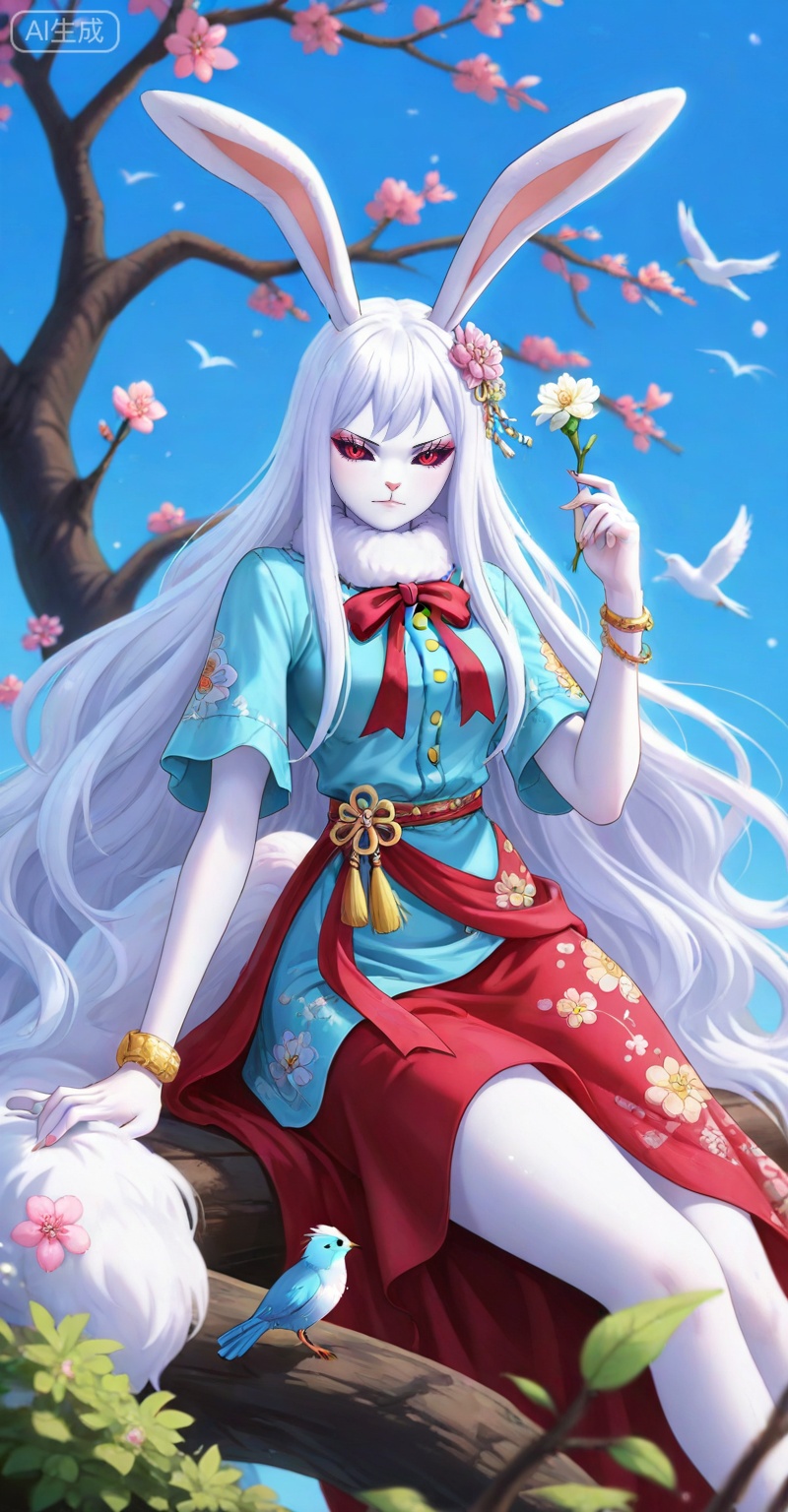 Carrot one piece,Carrot\(one piece\),1girl,solo,animal ears,long hair,rabbit ears,furry female,white fur,very long hair,furry,rabbit girl,red eyes,white hair,looking at viewer,ribbon,colored sclera,
viewer,makeup,eyelashes,realistic,closed mouth,eyeshadow,
lvjing,long hair,flower,bird,branch,sitting,hair ornament,squirrel,sky,fox,bracelet,solo,jewelry,blue sky,12,1girl,solo,
depth of field,masterpiece,best quality,very aesthetic,alternate costume,alternate costume,2024,2023,perfect composition,ultra-detailed,extreme aesthetic,masterpiece,best quality,good quality,newest,year 2024,year 2023,very aesthetic,absurdres,looking_at_viewer,colorful,