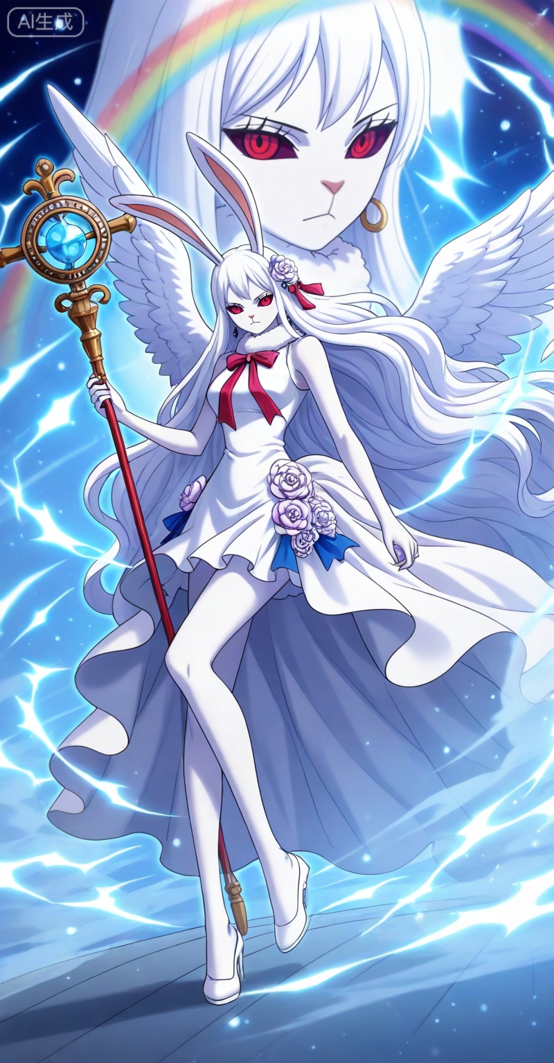 Carrot one piece,Carrot\(one piece\),1girl,solo,animal ears,long hair,rabbit ears,furry female,white fur,very long hair,furry,rabbit girl,red eyes,white hair,looking at viewer,ribbon,colored sclera,
lvjing,1girl,long hair,solo,dress,flower,wings,very long hair,jewelry,staff,pegasus,angel wings,rose,hair ornament,rainbow,earrings,white dress,bird,hair flower,holding,bare shoulders,white wings,6,

depth of field,masterpiece,best quality,very aesthetic,alternate costume,alternate costume,2024,2023,perfect composition,ultra-detailed,extreme aesthetic,masterpiece,best quality,good quality,newest,year 2024,year 2023,very aesthetic,absurdres,looking_at_viewer,colorful,