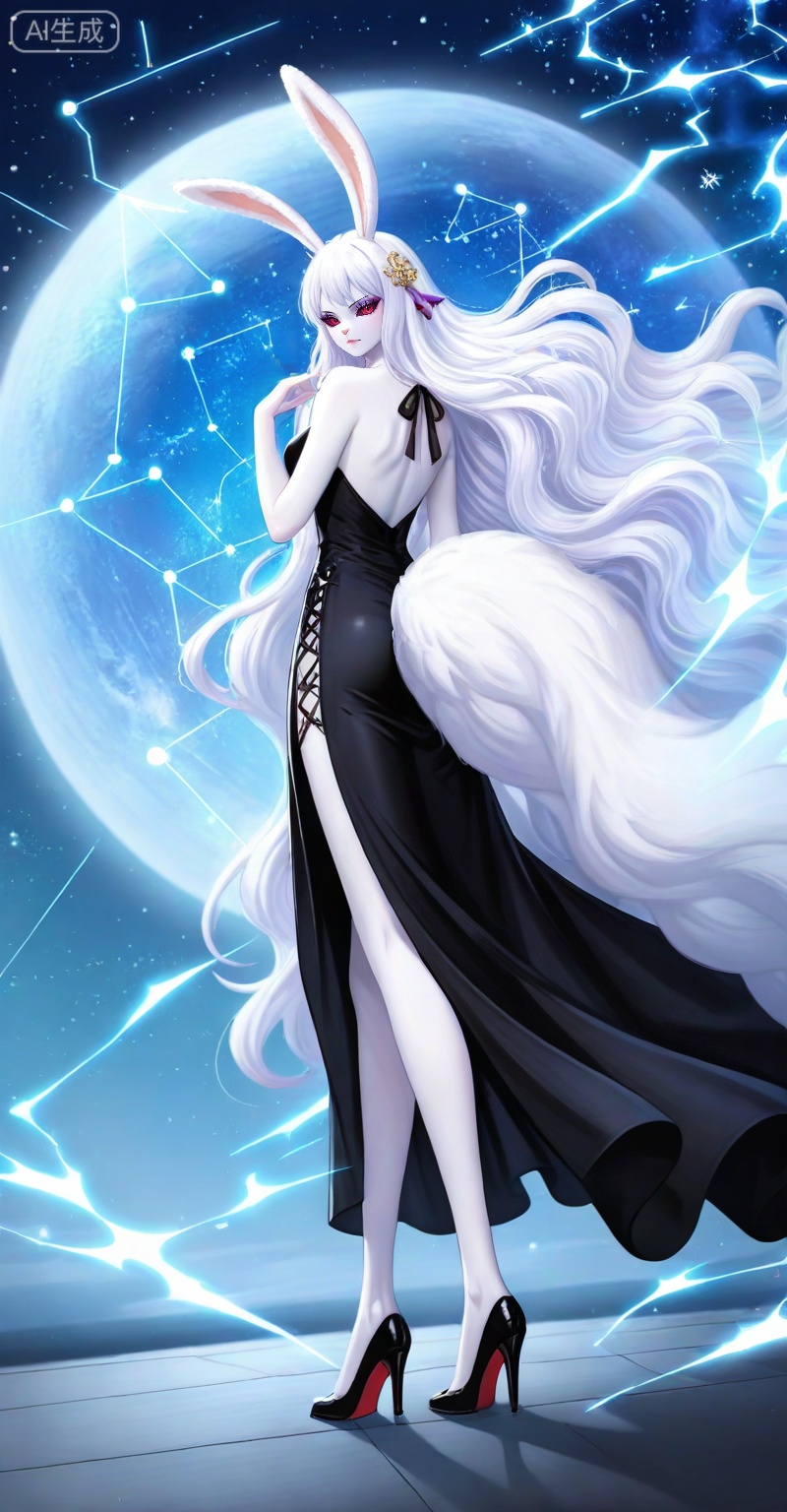 Carrot one piece,Carrot\(one piece\),1girl,solo,animal ears,long hair,rabbit ears,furry female,white fur,very long hair,furry,rabbit girl,red eyes,white hair,looking at viewer,ribbon,colored sclera,
viewer,makeup,eyelashes,realistic,closed mouth,eyeshadow,
lvjing,1girl,long hair,solo,white hair,dress,very long hair,wavy hair,hair ornament,full body,jewelry,black dress,bare shoulders,star \(sky\),standing,constellation,side slit,high heels,40,
,lvjing,back,looking_back,
depth of field,masterpiece,best quality,very aesthetic,alternate costume,alternate costume,2024,2023,perfect composition,ultra-detailed,extreme aesthetic,masterpiece,best quality,good quality,newest,year 2024,year 2023,very aesthetic,absurdres,looking_at_viewer,colorful,