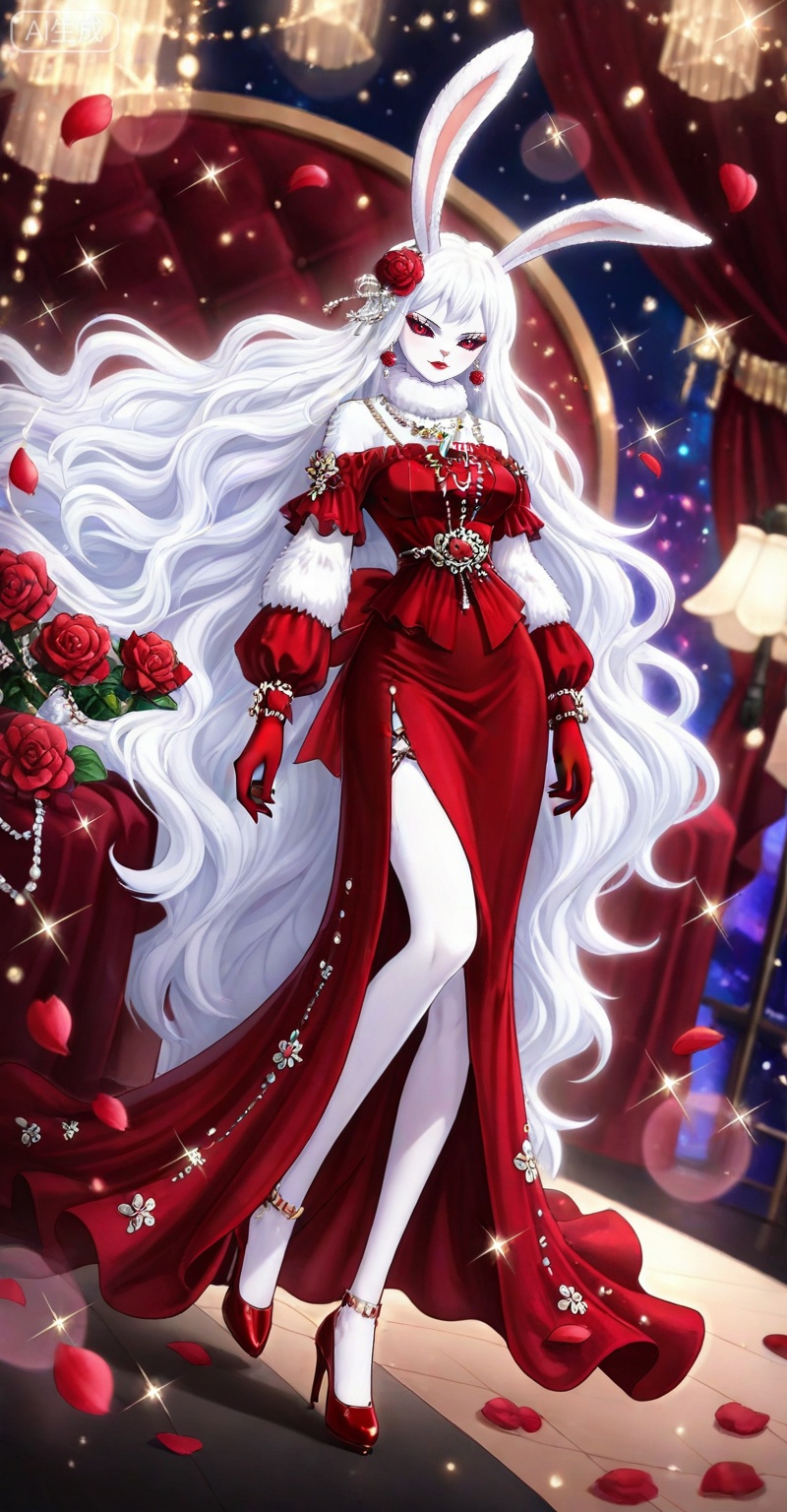 Carrot one piece,Carrot\(one piece\),1girl,solo,animal ears,long hair,rabbit ears,furry female,white fur,very long hair,furry,rabbit girl,red eyes,white hair,looking at viewer,ribbon,colored sclera,
lvjing,red dress,flower,dress,long hair,1girl,solo,red flower,jewelry,hair ornament,red gloves,red footwear,hair flower,gloves,rose,high heels,full body,looking at viewer,earrings,red rose,wavy hair,sparkle,petals,stage,red lips,necklace,side slit,long dress,makeup,red nails,45,
,lvjing,lying,on back,high_heels,
depth of field,masterpiece,best quality,very aesthetic,alternate costume,alternate costume,2024,2023,perfect composition,ultra-detailed,extreme aesthetic,masterpiece,best quality,good quality,newest,year 2024,year 2023,very aesthetic,absurdres,looking_at_viewer,colorful,