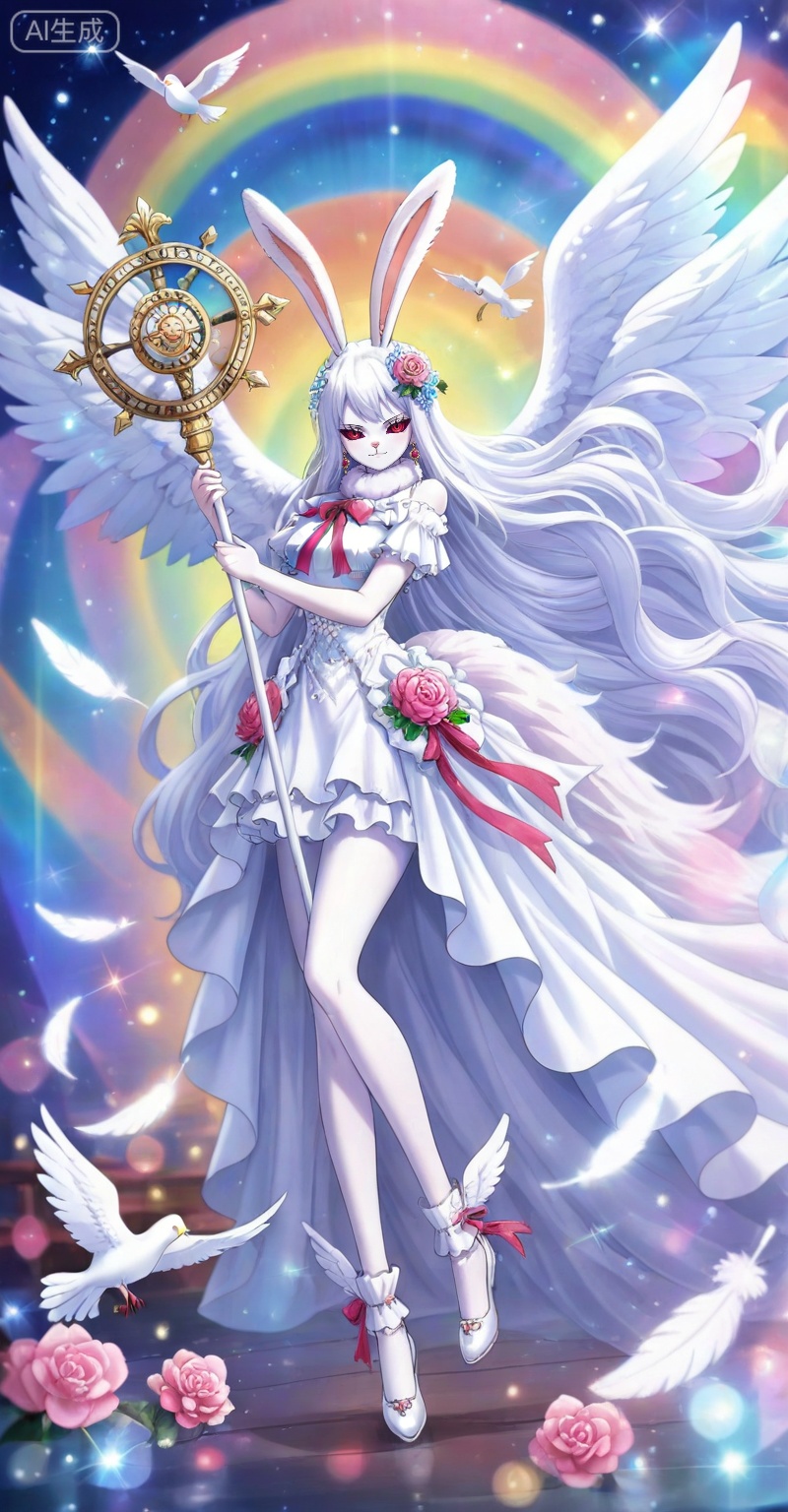 Carrot one piece,Carrot\(one piece\),1girl,solo,animal ears,long hair,rabbit ears,furry female,white fur,very long hair,furry,rabbit girl,red eyes,white hair,looking at viewer,ribbon,colored sclera,
lvjing,1girl,long hair,solo,dress,flower,wings,very long hair,jewelry,staff,pegasus,angel wings,rose,hair ornament,rainbow,earrings,white dress,bird,hair flower,holding,bare shoulders,white wings,6,

depth of field,masterpiece,best quality,very aesthetic,alternate costume,alternate costume,2024,2023,perfect composition,ultra-detailed,extreme aesthetic,masterpiece,best quality,good quality,newest,year 2024,year 2023,very aesthetic,absurdres,looking_at_viewer,colorful,