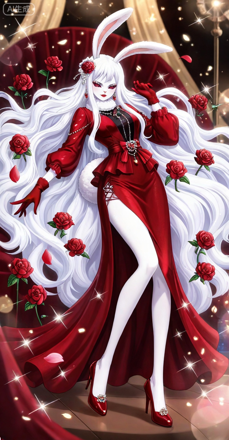 Carrot one piece,Carrot\(one piece\),1girl,solo,animal ears,long hair,rabbit ears,furry female,white fur,very long hair,furry,rabbit girl,red eyes,white hair,looking at viewer,ribbon,colored sclera,
lvjing,red dress,flower,dress,long hair,1girl,solo,red flower,jewelry,hair ornament,red gloves,red footwear,hair flower,gloves,rose,high heels,full body,looking at viewer,earrings,red rose,wavy hair,sparkle,petals,stage,red lips,necklace,side slit,long dress,makeup,red nails,45,
,lvjing,lying,on back,high_heels,
depth of field,masterpiece,best quality,very aesthetic,alternate costume,alternate costume,2024,2023,perfect composition,ultra-detailed,extreme aesthetic,masterpiece,best quality,good quality,newest,year 2024,year 2023,very aesthetic,absurdres,looking_at_viewer,colorful,