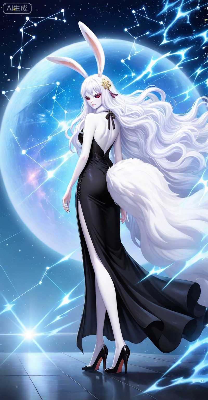 Carrot one piece,Carrot\(one piece\),1girl,solo,animal ears,long hair,rabbit ears,furry female,white fur,very long hair,furry,rabbit girl,red eyes,white hair,looking at viewer,ribbon,colored sclera,
viewer,makeup,eyelashes,realistic,closed mouth,eyeshadow,
lvjing,1girl,long hair,solo,white hair,dress,very long hair,wavy hair,hair ornament,full body,jewelry,black dress,bare shoulders,star \(sky\),standing,constellation,side slit,high heels,40,
,lvjing,back,looking_back,
depth of field,masterpiece,best quality,very aesthetic,alternate costume,alternate costume,2024,2023,perfect composition,ultra-detailed,extreme aesthetic,masterpiece,best quality,good quality,newest,year 2024,year 2023,very aesthetic,absurdres,looking_at_viewer,colorful,