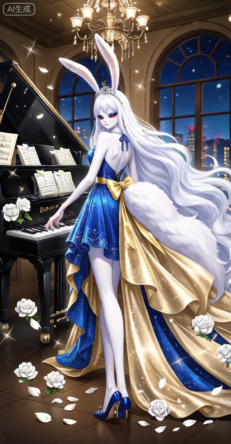 Carrot one piece,Carrot\(one piece\),1girl,solo,animal ears,long hair,rabbit ears,furry female,white fur,very long hair,furry,rabbit girl,red eyes,white hair,looking at viewer,ribbon,colored sclera,
viewer,makeup,eyelashes,realistic,closed mouth,eyeshadow,
lvjing,1girl,dress,flower,instrument,solo,white flower,chandelier,jewelry,long hair,white rose,earrings,piano,night,tiara,full body,sparkle,rose,blue dress,gold dress,window,necklace,night sky,sky,indoors,petals,bare shoulders,building,looking at viewer,41,
,lvjing,back,looking_back,
depth of field,masterpiece,best quality,very aesthetic,alternate costume,alternate costume,2024,2023,perfect composition,ultra-detailed,extreme aesthetic,masterpiece,best quality,good quality,newest,year 2024,year 2023,very aesthetic,absurdres,looking_at_viewer,colorful,