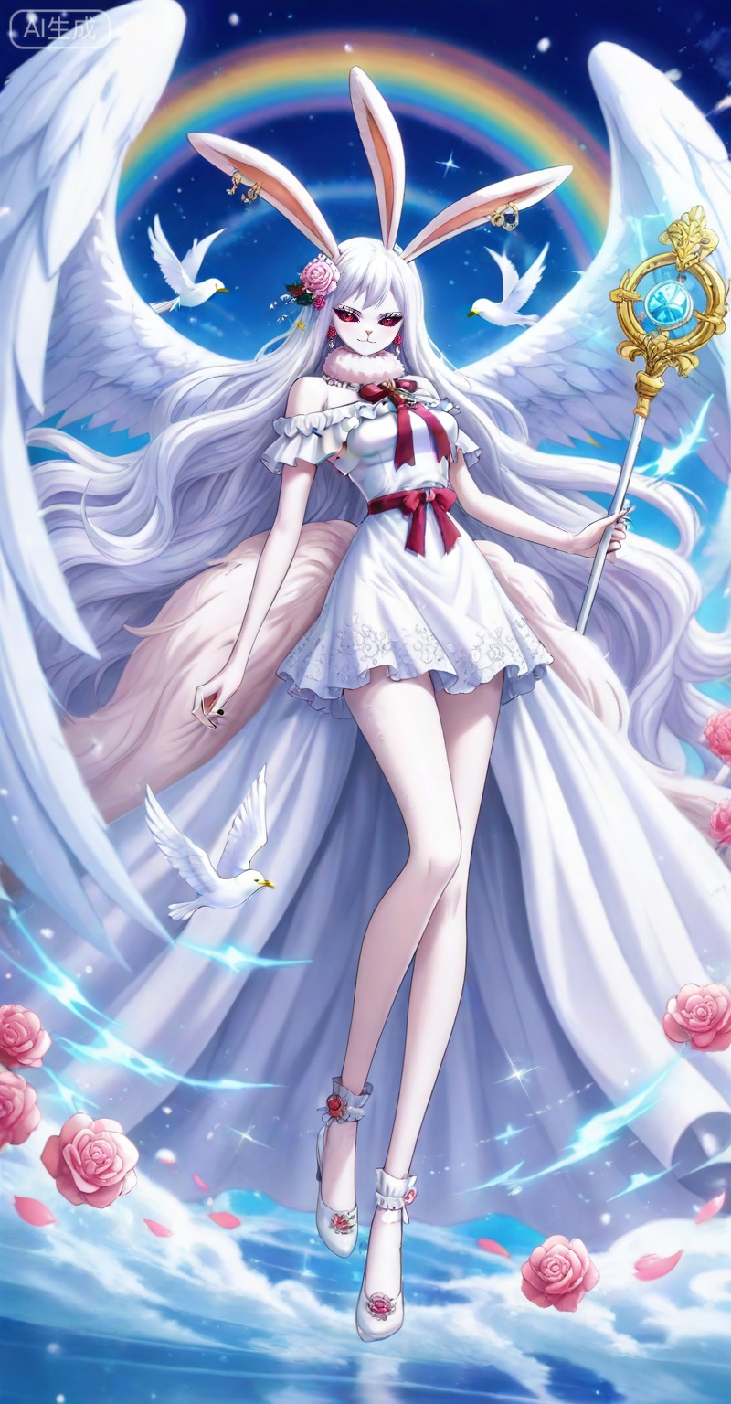 Carrot one piece,Carrot\(one piece\),1girl,solo,animal ears,long hair,rabbit ears,furry female,white fur,very long hair,furry,rabbit girl,red eyes,white hair,looking at viewer,ribbon,colored sclera,
lvjing,1girl,long hair,solo,dress,flower,wings,very long hair,jewelry,staff,pegasus,angel wings,rose,hair ornament,rainbow,earrings,white dress,bird,hair flower,holding,bare shoulders,white wings,6,

depth of field,masterpiece,best quality,very aesthetic,alternate costume,alternate costume,2024,2023,perfect composition,ultra-detailed,extreme aesthetic,masterpiece,best quality,good quality,newest,year 2024,year 2023,very aesthetic,absurdres,looking_at_viewer,colorful,