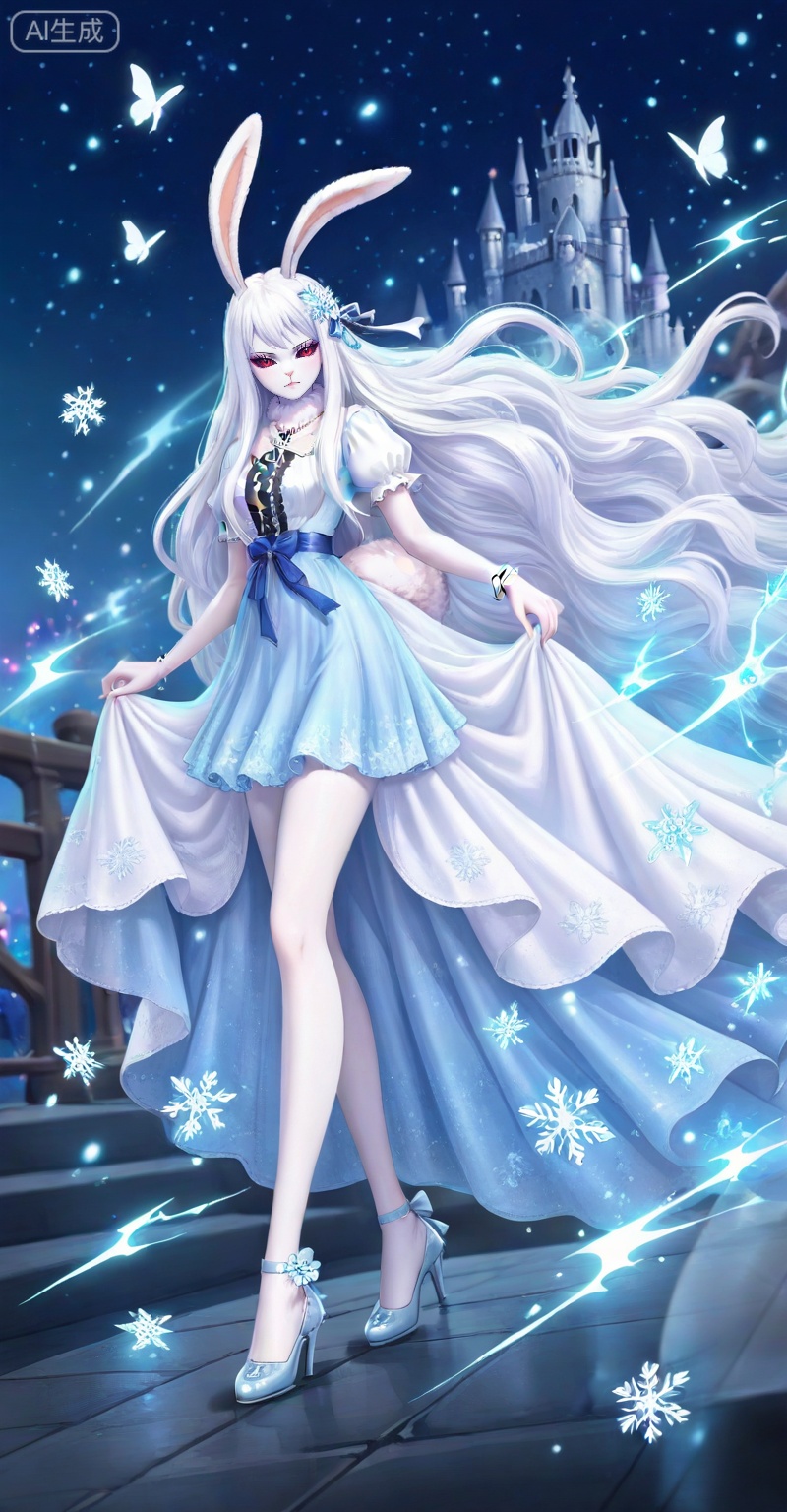 Carrot one piece,Carrot\(one piece\),1girl,solo,animal ears,long hair,rabbit ears,furry female,white fur,very long hair,furry,rabbit girl,red eyes,white hair,looking at viewer,ribbon,colored sclera,
viewer,makeup,eyelashes,realistic,closed mouth,eyeshadow,
lvjing,1girl,dress,long hair,solo,skirt hold,hair ornament,jewelry,white hair,white dress,blue dress,necklace,full body,night,castle,butterfly,snowflakes,bug,flower,56,
lvjing,lying,on back,high_heels,
depth of field,masterpiece,best quality,very aesthetic,alternate costume,alternate costume,2024,2023,perfect composition,ultra-detailed,extreme aesthetic,masterpiece,best quality,good quality,newest,year 2024,year 2023,very aesthetic,absurdres,looking_at_viewer,colorful,