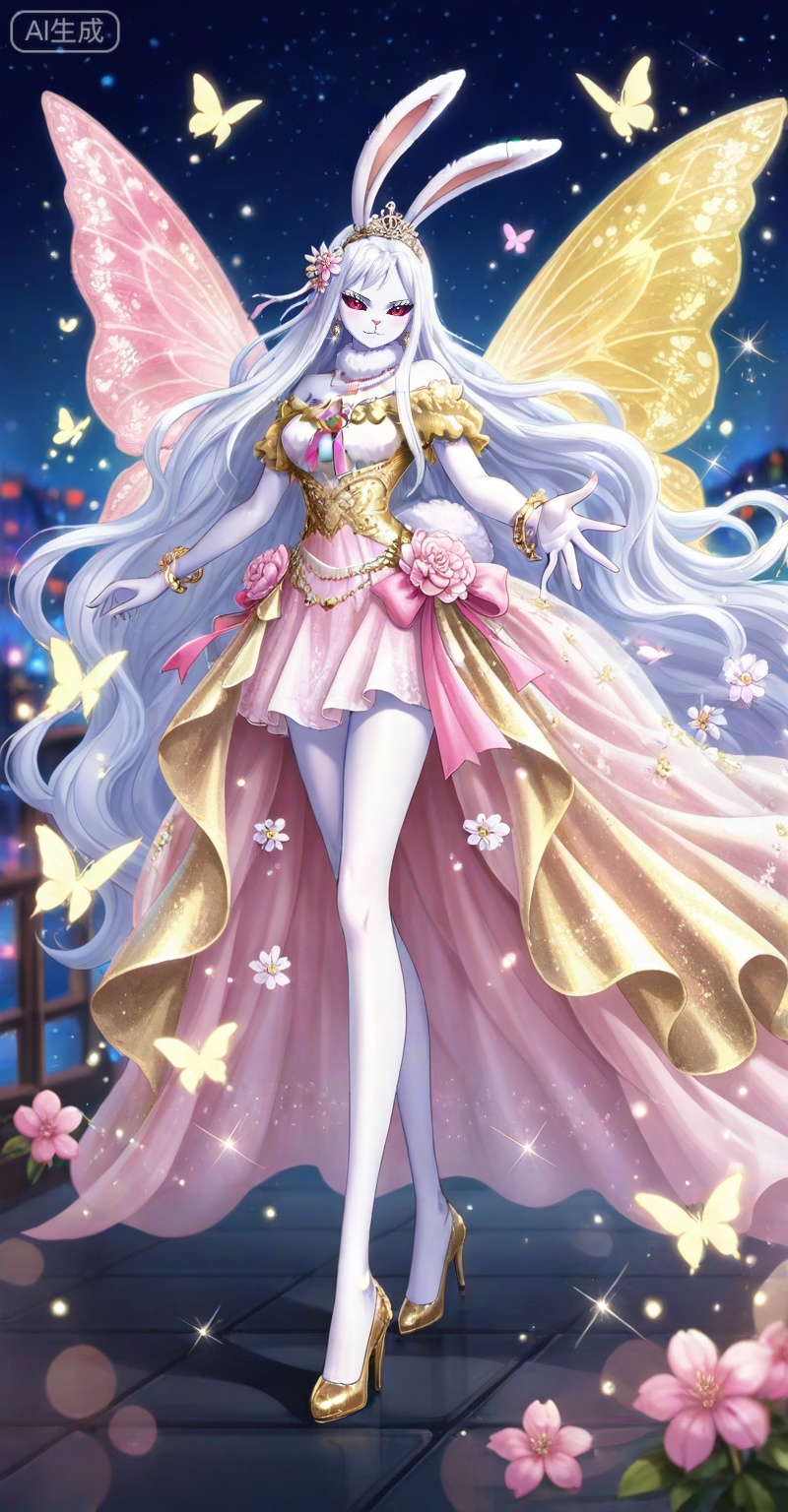 Carrot one piece,Carrot\(one piece\),1girl,solo,animal ears,long hair,rabbit ears,furry female,white fur,very long hair,furry,rabbit girl,red eyes,white hair,looking at viewer,ribbon,colored sclera,
lvjing,1girl,dress,hair ornament,butterfly,jewelry,bug,solo,wings,insect wings,earrings,flower,tiara,necklace,night,butterfly wings,sparkle,outstretched hand,bare shoulders,30,legs,long legs,high_heels,white dress,gold dress,pink dress,
depth of field,masterpiece,best quality,very aesthetic,alternate costume,alternate costume,2024,2023,perfect composition,ultra-detailed,extreme aesthetic,masterpiece,best quality,good quality,newest,year 2024,year 2023,very aesthetic,absurdres,looking_at_viewer,colorful,