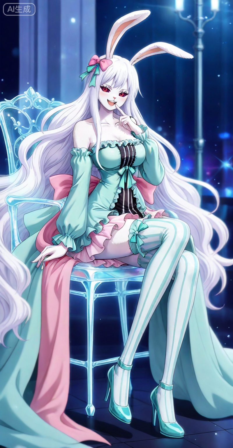 Carrot one piece,Carrot\(one piece\),1girl,solo,animal ears,long hair,rabbit ears,furry female,white fur,very long hair,furry,rabbit girl,red eyes,white hair,looking at viewer,ribbon,colored sclera,
1girl,solo,thighhighs,vertical-striped clothes,breasts,high heels,cleavage,long hair,striped clothes,bow,detached sleeves,transparent chair,vertical-striped thighhighs,smile,open mouth,aqua footwear,sitting,crossed_legs,looking at viewer,collarbone,full body,hair bow,frills,bare shoulders,large breasts,dress,striped thighhighs,pink bow,strapless,aqua bow,finger to mouth,

depth of field,masterpiece,best quality,very aesthetic,alternate costume,alternate costume,2024,2023,perfect composition,ultra-detailed,extreme aesthetic,masterpiece,best quality,good quality,newest,year 2024,year 2023,very aesthetic,absurdres,looking_at_viewer,colorful,