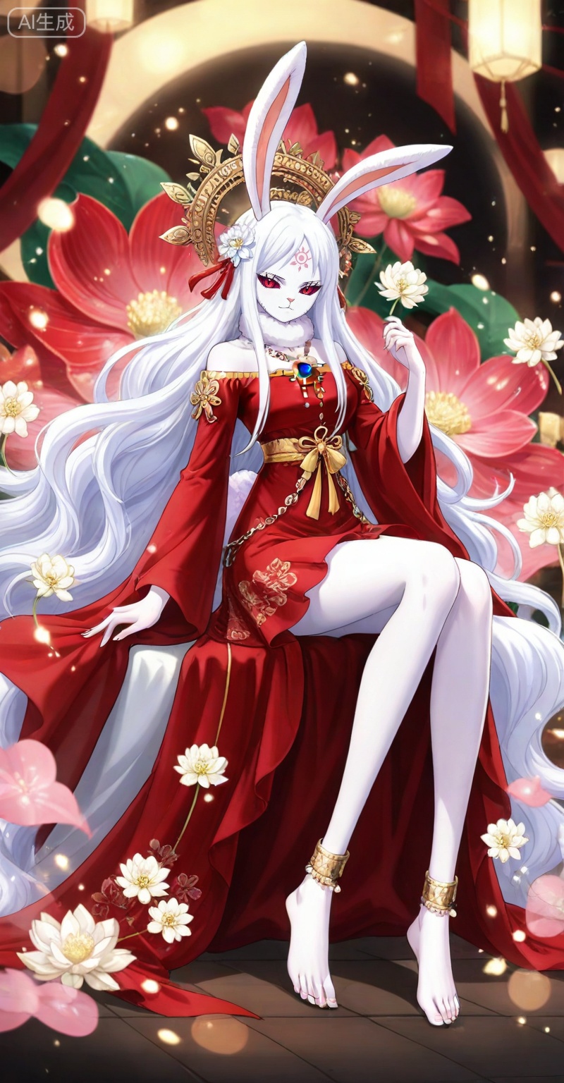 Carrot one piece,Carrot\(one piece\),1girl,solo,animal ears,long hair,rabbit ears,furry female,white fur,very long hair,furry,rabbit girl,red eyes,white hair,looking at viewer,ribbon,colored sclera,
lvjing,1girl,dress,long hair,red dress,barefoot,hair ornament,flower,white hair,jewelry,forehead mark,full body,anklet,facial mark,bare legs,sitting,necklace,solo,lotus,bare shoulders,3,

depth of field,masterpiece,best quality,very aesthetic,alternate costume,alternate costume,2024,2023,perfect composition,ultra-detailed,extreme aesthetic,masterpiece,best quality,good quality,newest,year 2024,year 2023,very aesthetic,absurdres,looking_at_viewer,colorful,