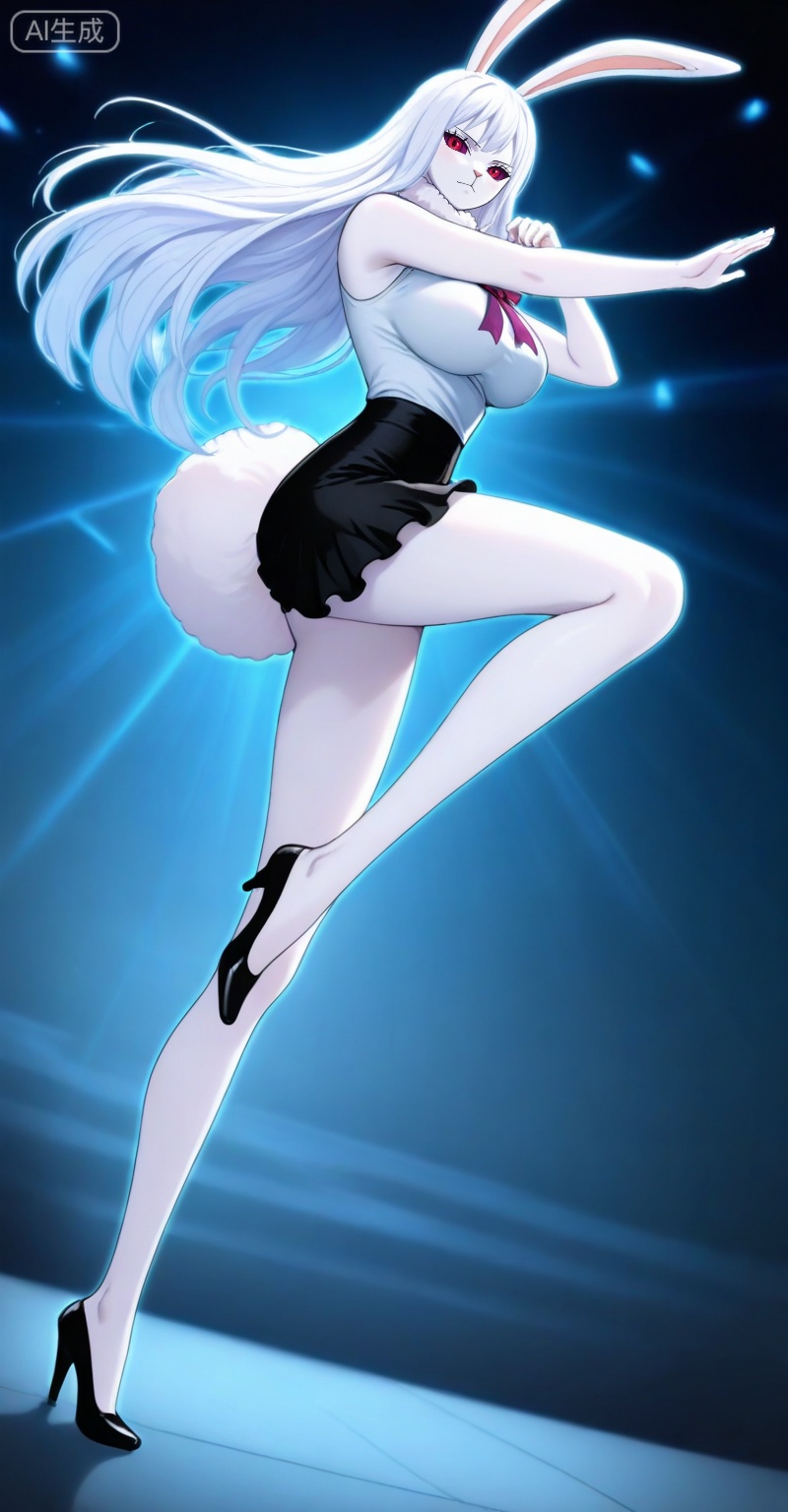 Carrot one piece,Carrot\(one piece\),1girl,solo,animal ears,long hair,rabbit ears,skirt,furry female,white fur,very long hair,black skirt,furry,rabbit girl,sleeveless,red eyes,large breasts,breasts,shirt,white hair,sleeveless shirt,looking at viewer,ribbon,colored sclera,4,legs,long legs,high_heels,full body,standing,
depth of field,masterpiece,best quality,very aesthetic,alternate costume,alternate costume,2024,2023,perfect composition,ultra-detailed,extreme aesthetic,masterpiece,best quality,good quality,newest,year 2024,year 2023,very aesthetic,absurdres,looking_at_viewer,colorful,