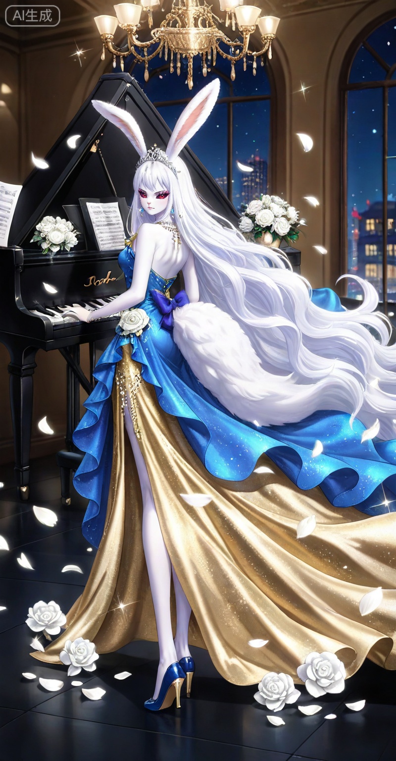 Carrot one piece,Carrot\(one piece\),1girl,solo,animal ears,long hair,rabbit ears,furry female,white fur,very long hair,furry,rabbit girl,red eyes,white hair,looking at viewer,ribbon,colored sclera,
viewer,makeup,eyelashes,realistic,closed mouth,eyeshadow,
lvjing,1girl,dress,flower,instrument,solo,white flower,chandelier,jewelry,long hair,white rose,earrings,piano,night,tiara,full body,sparkle,rose,blue dress,gold dress,window,necklace,night sky,sky,indoors,petals,bare shoulders,building,looking at viewer,41,
,lvjing,back,looking_back,
depth of field,masterpiece,best quality,very aesthetic,alternate costume,alternate costume,2024,2023,perfect composition,ultra-detailed,extreme aesthetic,masterpiece,best quality,good quality,newest,year 2024,year 2023,very aesthetic,absurdres,looking_at_viewer,colorful,