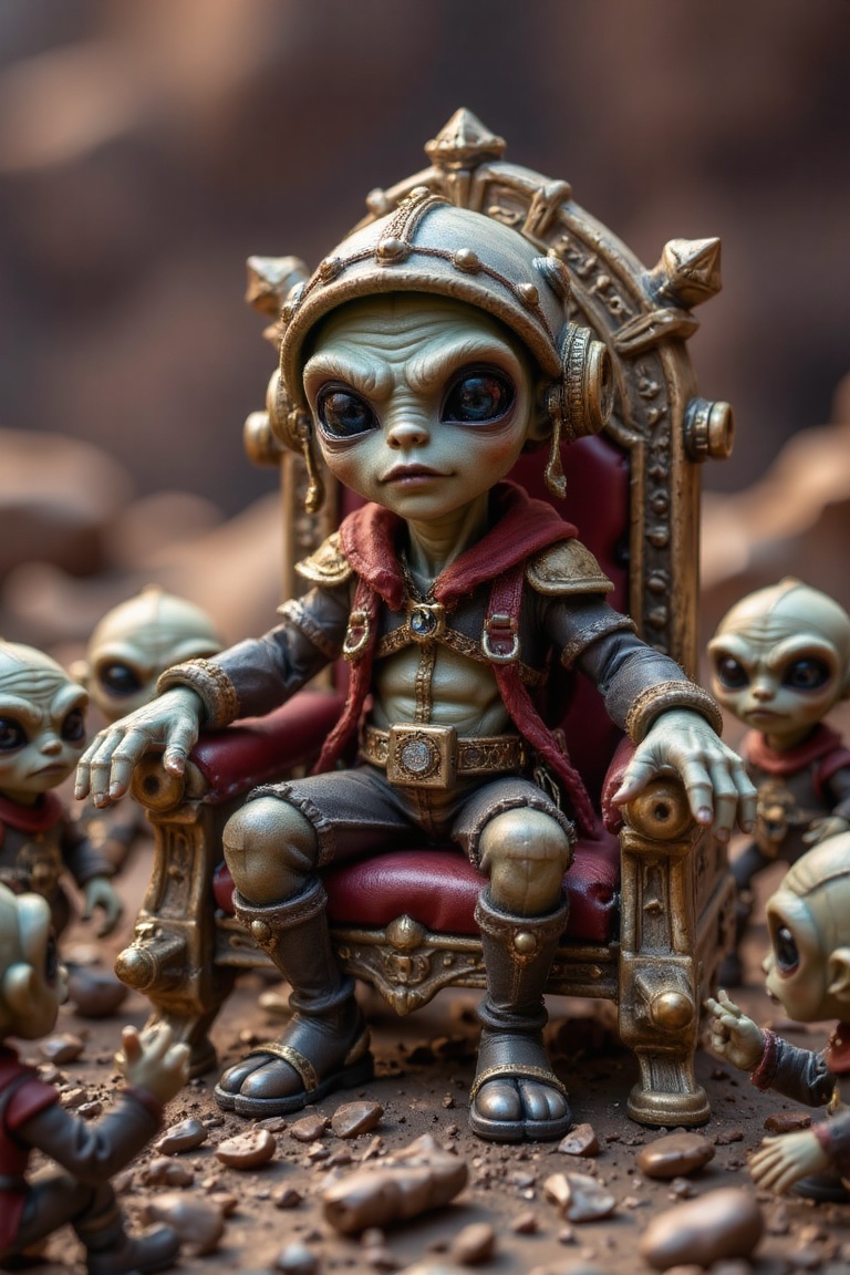 create a blinged out alien sitting on his throne surrounded by other blinged out aliens .no earth-like plants,  no cartoon...