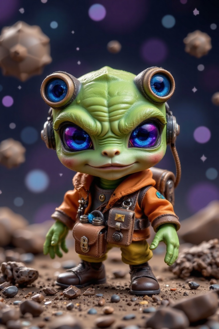 ACreate a whimsical cartoon character with the face of a frog,  including smooth green skin and a sly,  mischievous smile....