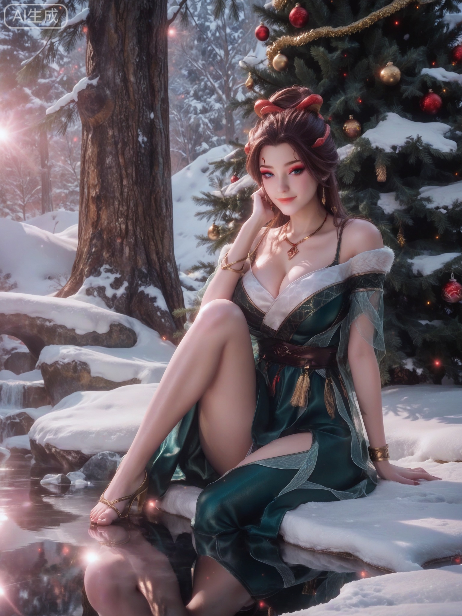 score_9,score_8_up,score_7_up,masterpiece,(best quality),(intricate details:0.9) BREAK (intricate details:0.9),(realistic skin:1.2),masterpiece,best quality,newest,absurdres,hiahres,1girl,jewelry,hair ornament,dress,necklace,lips,eyeshadow,bracelet,tassel,(8k ultra-clear, pony style),photo pose 0.6, micro-expression: soft smile 0.3, half-body + medium shot 0.7,1girl,looking_at_viewer,1boy,hair,realistic,photorealistic,Vivid Colors,bright environment,shiny skin,shiny hairjewelry,detail eyes,Eyes highlights,glowing,sunshine,bright,reflection,bright,sunshine on face,shiny,shinny,petite,thin,leg slimming,lose weight,slim hips,lakeside,delicate water,reflection,(full body:1.3)sitting_down,eyelashes,snow,Winter,Snowy landscape,Snow accumulation,Christmas tree,(huge breasts:1)