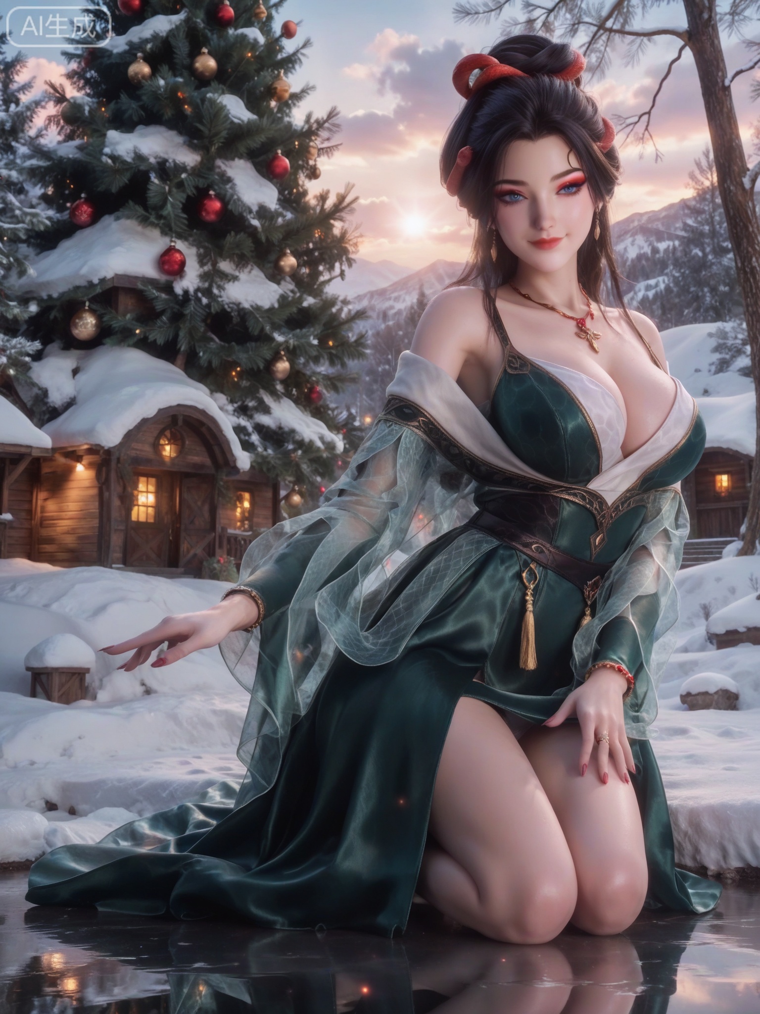 score_9,score_8_up,score_7_up,masterpiece,(best quality),(intricate details:0.9) BREAK (intricate details:0.9),(realistic skin:1.2),masterpiece,best quality,newest,absurdres,hiahres,1girl,jewelry,hair ornament,dress,necklace,lips,eyeshadow,bracelet,tassel,(8k ultra-clear, pony style),photo pose 0.6, micro-expression: soft smile 0.3, half-body + medium shot 0.7,1girl,looking_at_viewer,1boy,hair,realistic,photorealistic,Vivid Colors,bright environment,shiny skin,shiny hairjewelry,detail eyes,Eyes highlights,glowing,sunshine,bright,reflection,bright,sunshine on face,shiny,shinny,petite,thin,leg slimming,lose weight,slim hips,lakeside,delicate water,reflection,(full body:1.3)sitting_down,eyelashes,snow,Winter,Snowy landscape,Snow accumulation,Christmas tree,(huge breasts:1),black hair,