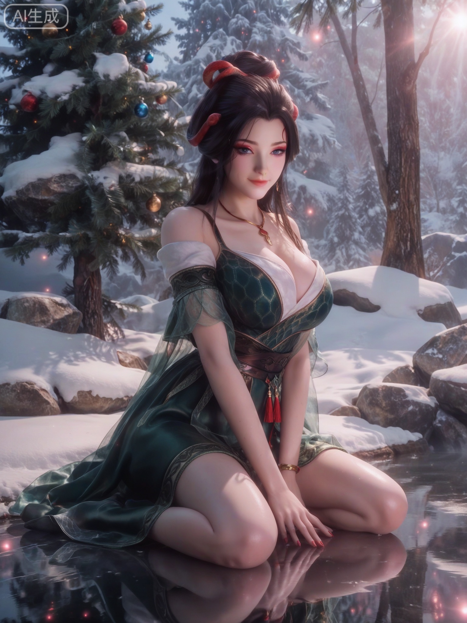 score_9,score_8_up,score_7_up,masterpiece,(best quality),(intricate details:0.9) BREAK (intricate details:0.9),(realistic skin:1.2),masterpiece,best quality,newest,absurdres,hiahres,1girl,jewelry,hair ornament,dress,necklace,lips,eyeshadow,bracelet,tassel,(8k ultra-clear, pony style),photo pose 0.6, micro-expression: soft smile 0.3, half-body + medium shot 0.7,1girl,looking_at_viewer,1boy,hair,realistic,photorealistic,Vivid Colors,bright environment,shiny skin,shiny hairjewelry,detail eyes,Eyes highlights,glowing,sunshine,bright,reflection,bright,sunshine on face,shiny,shinny,petite,thin,leg slimming,lose weight,slim hips,lakeside,delicate water,reflection,(full body:1.3)sitting_down,eyelashes,snow,Winter,Snowy landscape,Snow accumulation,Christmas tree,(huge breasts:1),black hair,