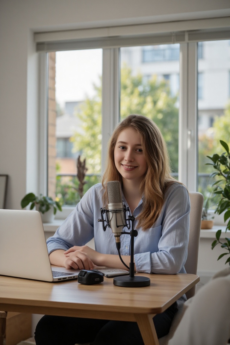 Create a scene where a young woman,  aged 22,  sits in front of a microphone on Tensor.Art
