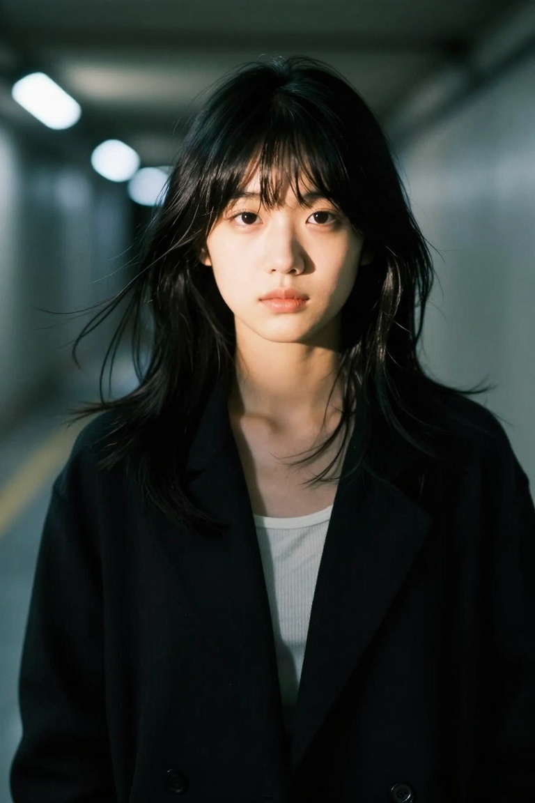 portrait of a young woman walking through an underground corridor,  soft motion in hair,  dramatic split lighting across f...
