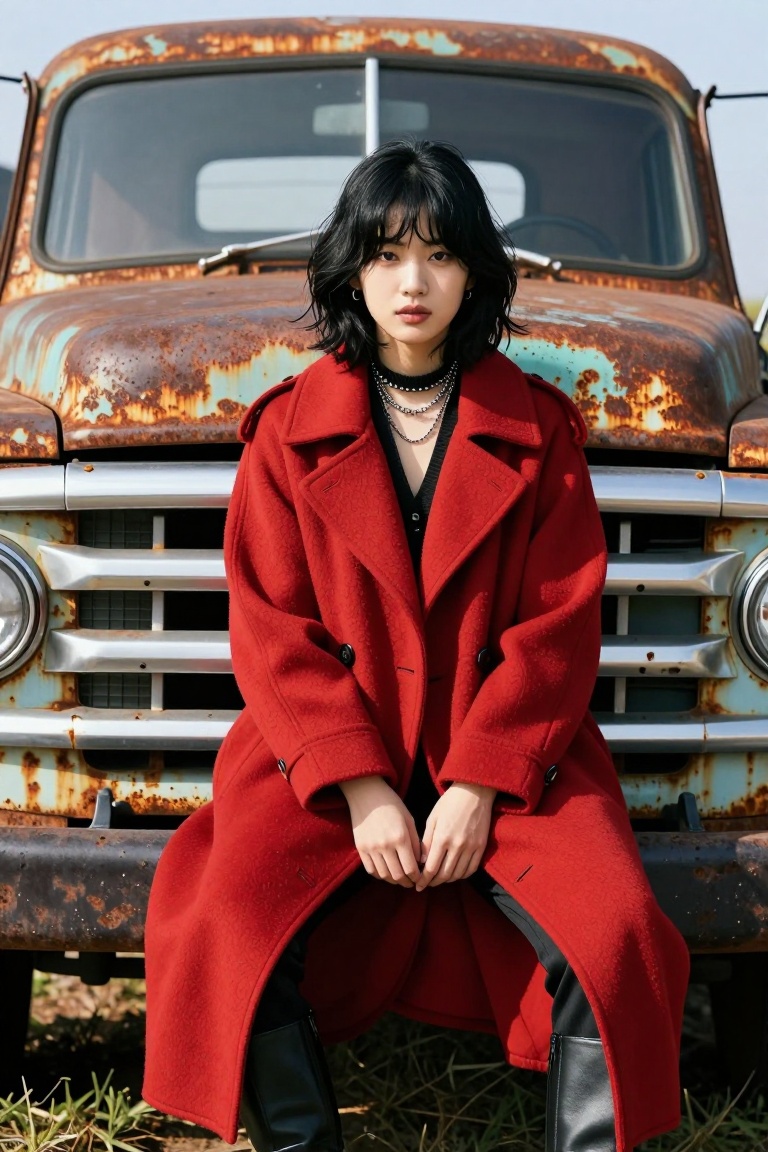 highly detailed editorial portrait of a young woman sitting in front of an old rusted vintage truck,  bright natural dayli...