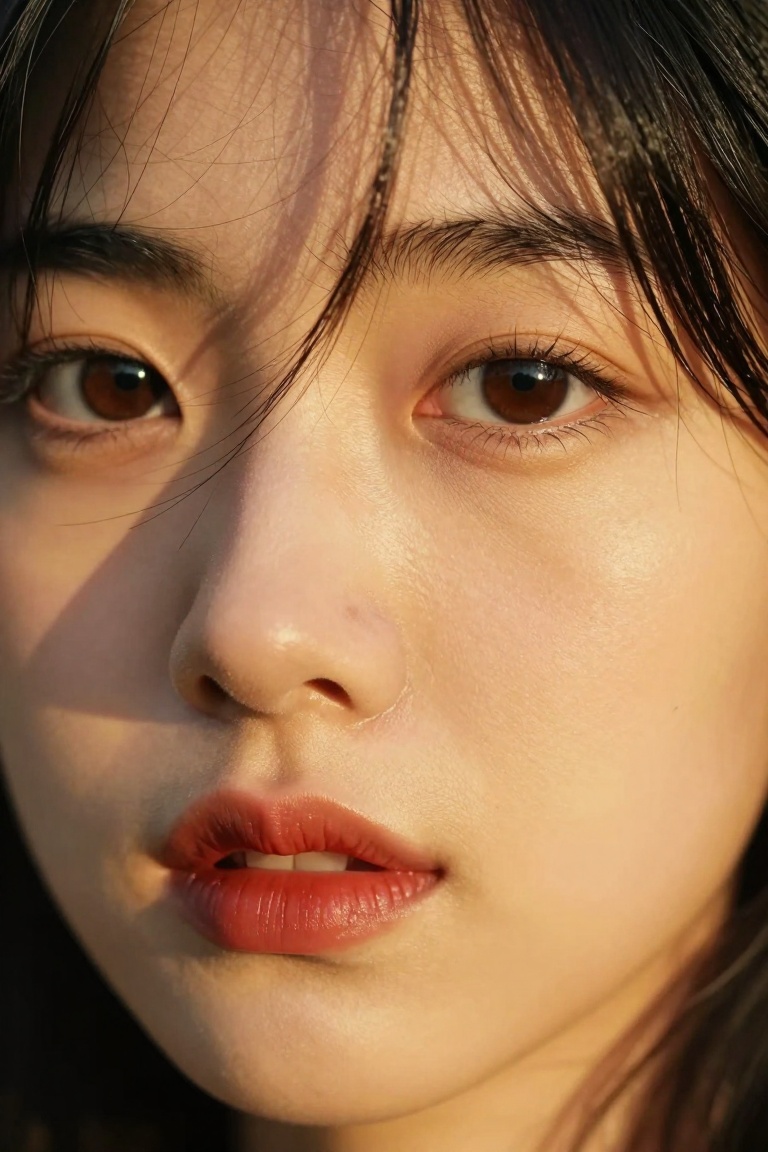 extreme close-up cinematic beauty portrait of a young woman’s face,  dramatic golden hour side lighting splitting the face...