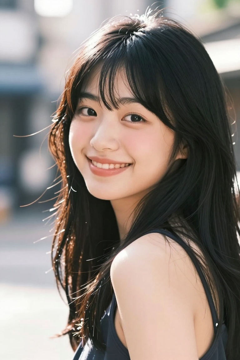 cinematic outdoor portrait of a young woman with Japanese facial features,  smiling naturally while turning toward the cam...