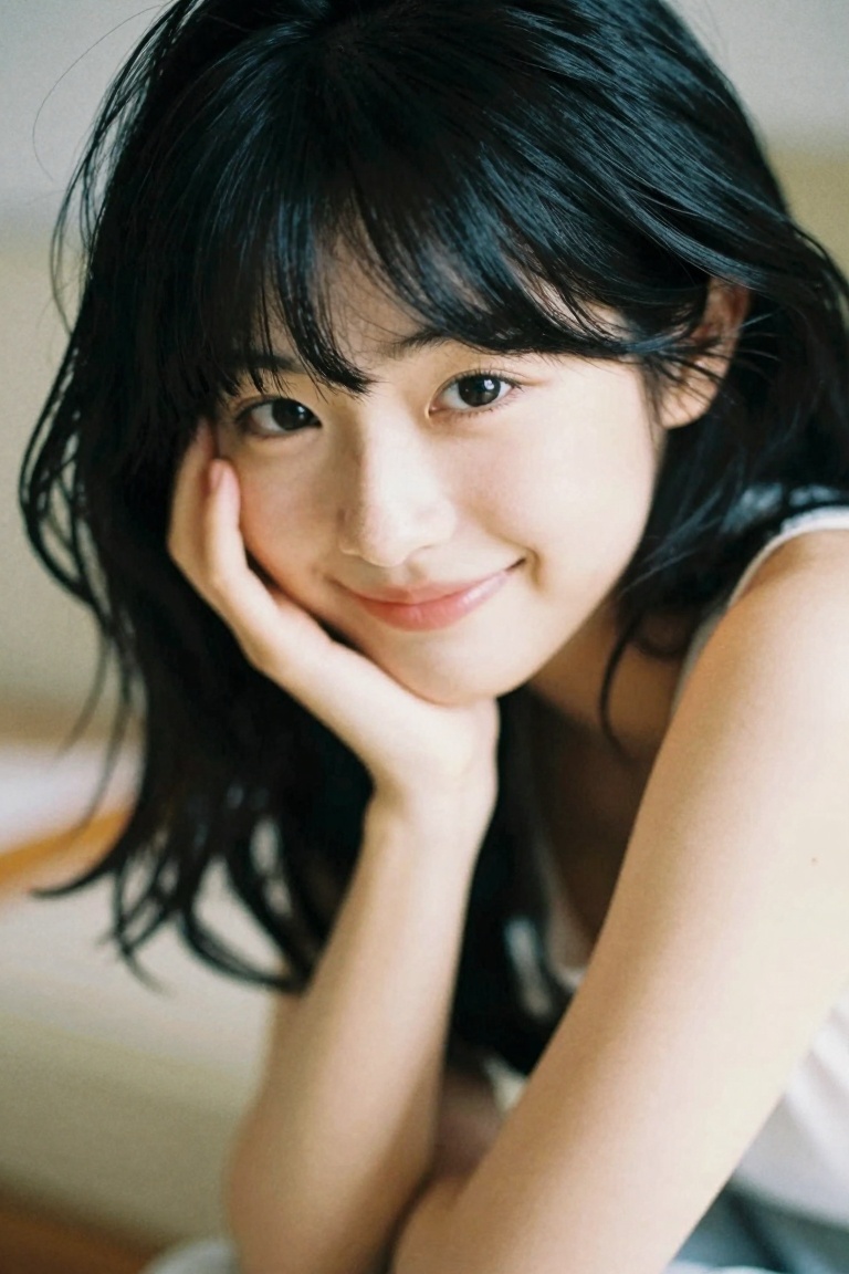 soft natural-light portrait of a young woman indoors,  leaning forward with head resting on hand,  gentle smile on Tensor.Art