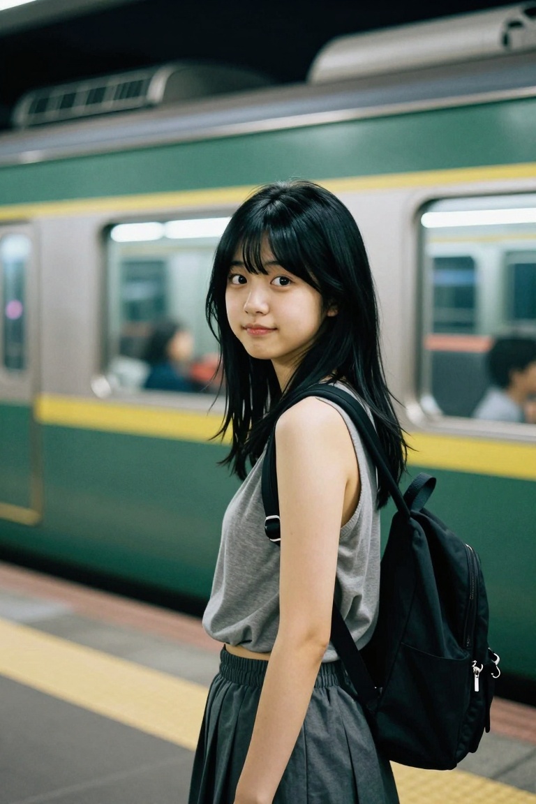 cinematic night-time photograph of a young woman with Japanese facial features standing near a moving train,  background t...