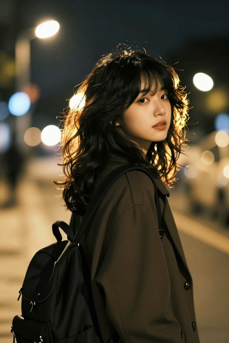 cinematic night street portrait of a young woman walking under city lights,  turning back to look over her shoulder,  warm...
