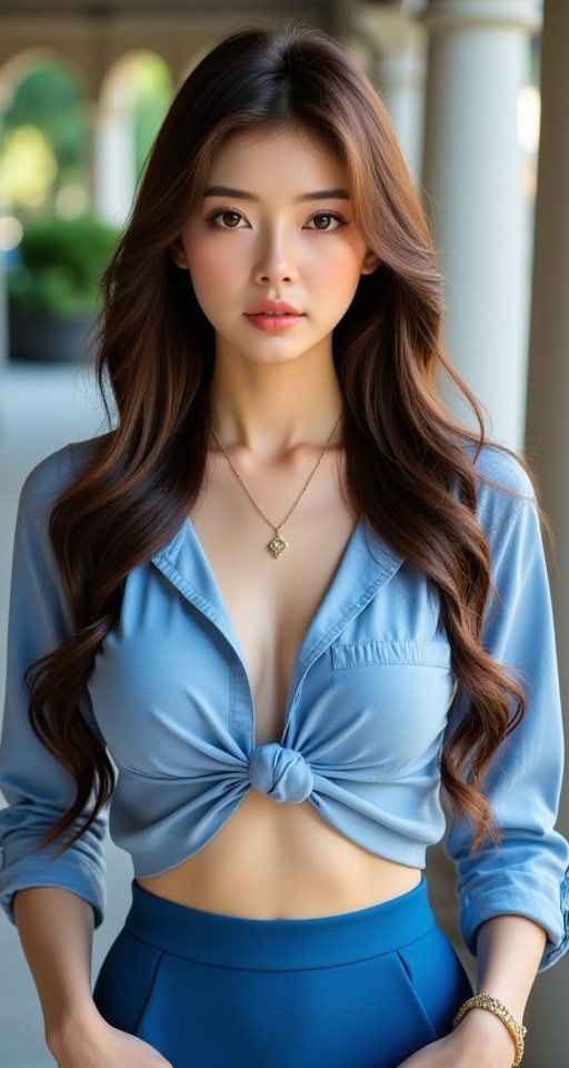 Generate a real-world photograph realistic photography 1girl solo long hair breasts looking at viewer skirt brown hair shi...