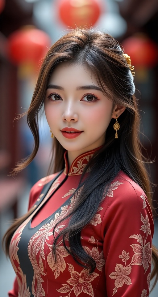 Generate a real-world photograph realistic photography 1girl solo long hair looking at viewer smile brown hair black hair...