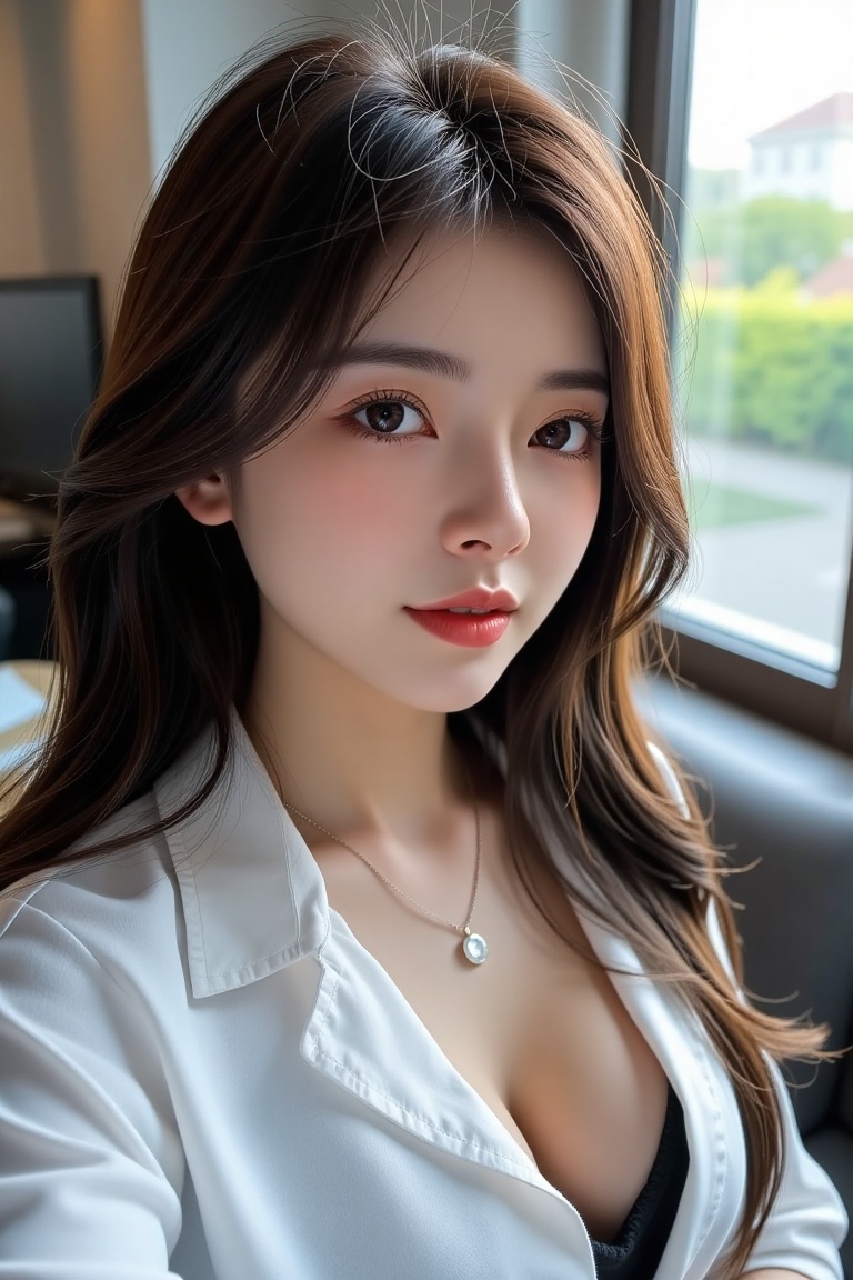Generate a real-world photograph realistic photography 1girl solo long hair breasts looking at viewer smile brown hair shi...