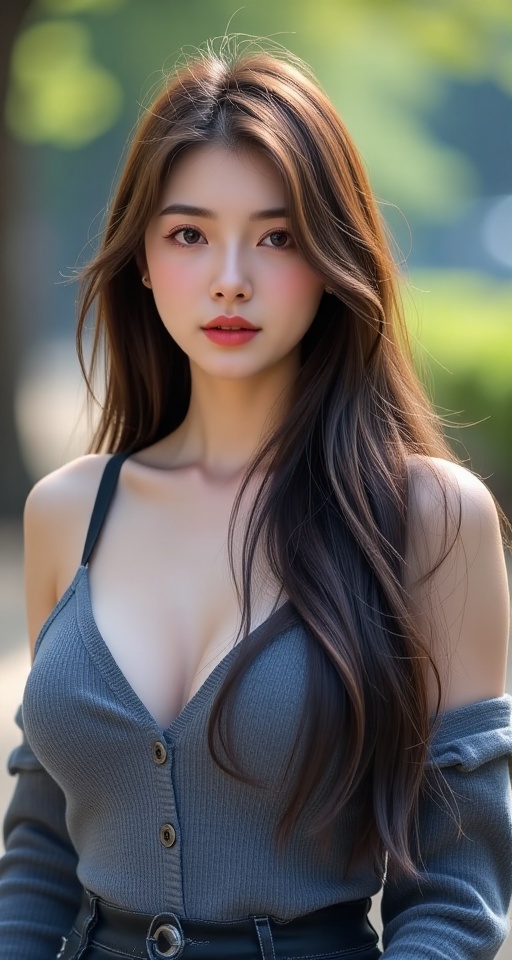 Generate a real-world photograph realistic photography 1girl solo long hair breasts looking at viewer brown hair black hai...