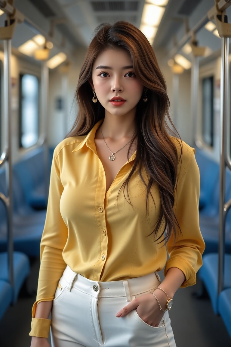 Generate a real-world photograph realistic photography 1girl solo long hair breasts looking at viewer large breasts brown...