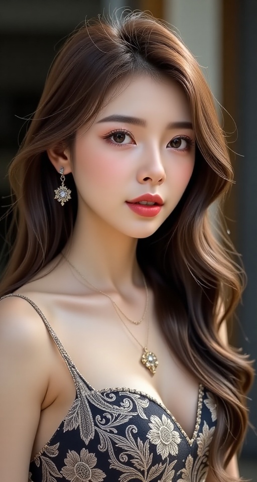 Generate a real-world photograph realistic photography 1girl solo long hair looking at viewer brown hair dress brown eyes...