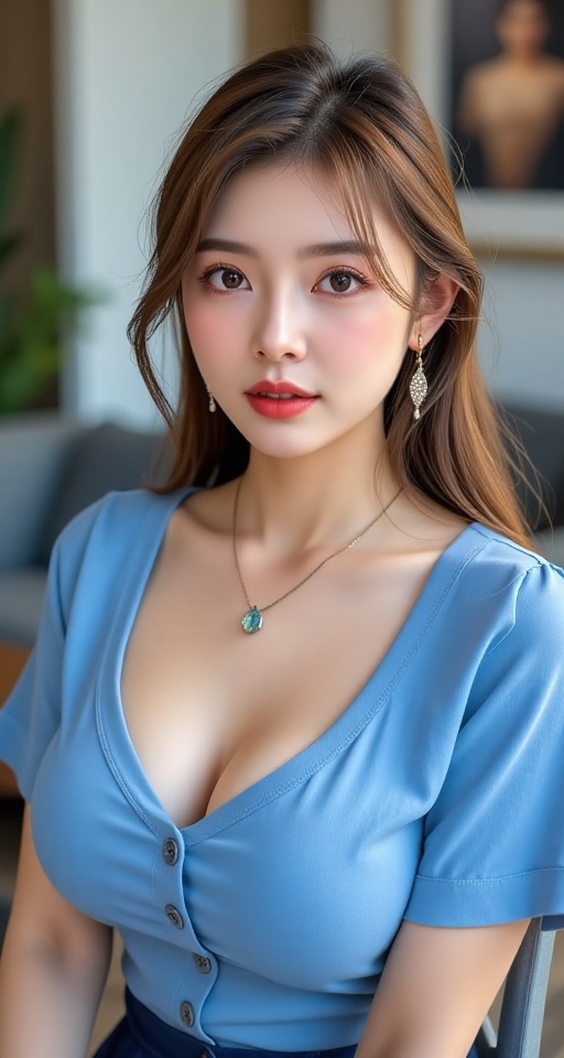 Generate a real-world photograph realistic photography 1girl solo long hair breasts looking at viewer skirt large breasts...
