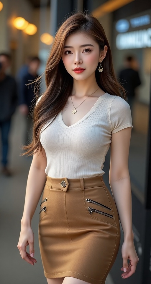 Generate a real-world photograph realistic photography 1girl solo long hair looking at viewer skirt brown hair brown eyes...