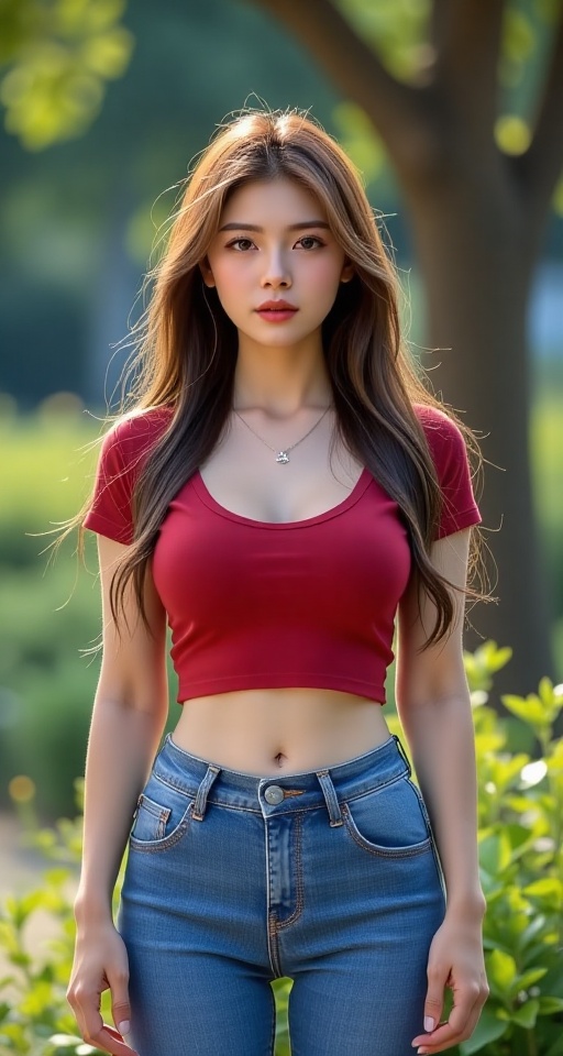 Generate a real-world photograph realistic photography 1girl solo long hair breasts looking at viewer brown hair shirt nav...