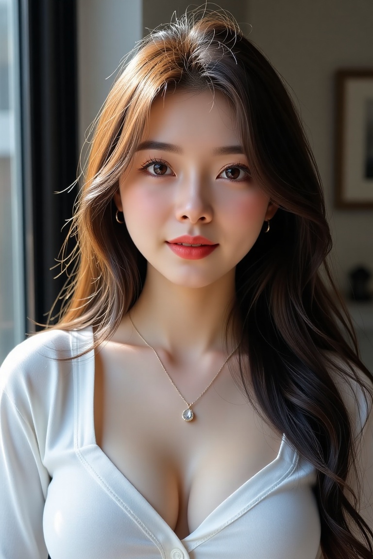 Generate a real-world photograph realistic photography 1girl solo long hair breasts looking at viewer smile brown hair shi...