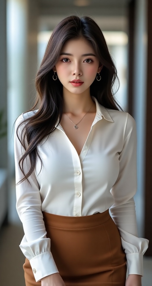 Generate a real-world photograph realistic photography 1girl solo long hair breasts looking at viewer skirt shirt black ha...