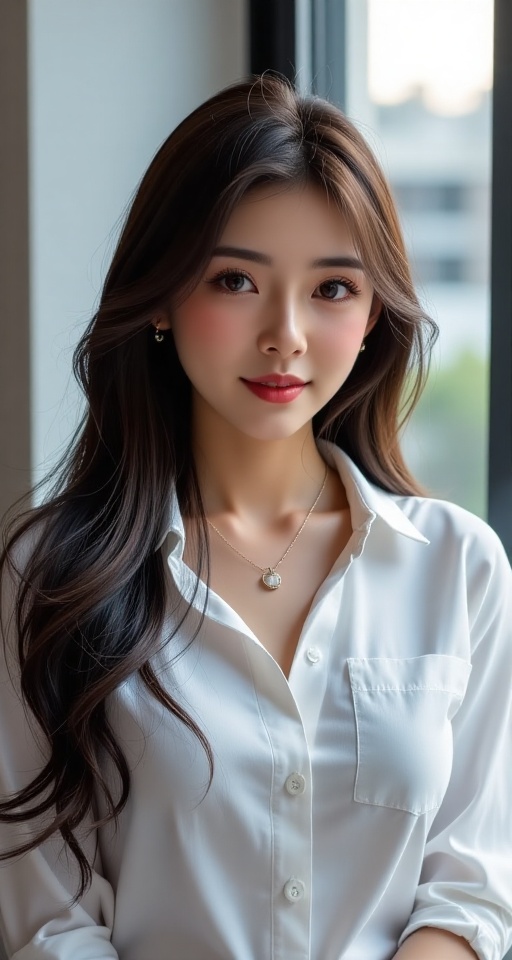 Generate a real-world photograph realistic photography 1girl solo long hair breasts looking at viewer smile brown hair shi...