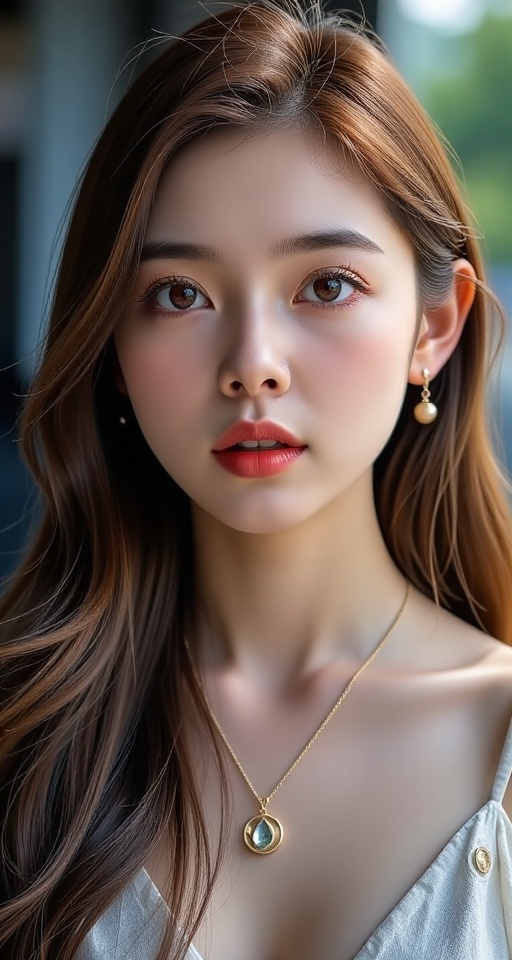 Generate a real-world photograph realistic photography 1girl solo long hair looking at viewer brown hair brown eyes jewelr...