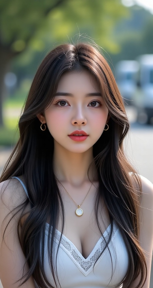 Generate a real-world photograph realistic photography 1girl solo long hair looking at viewer black hair jewelry outdoors...