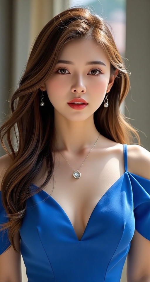 Generate a real-world photograph realistic photography 1girl solo long hair brown hair dress jewelry necklace lips blue dr...