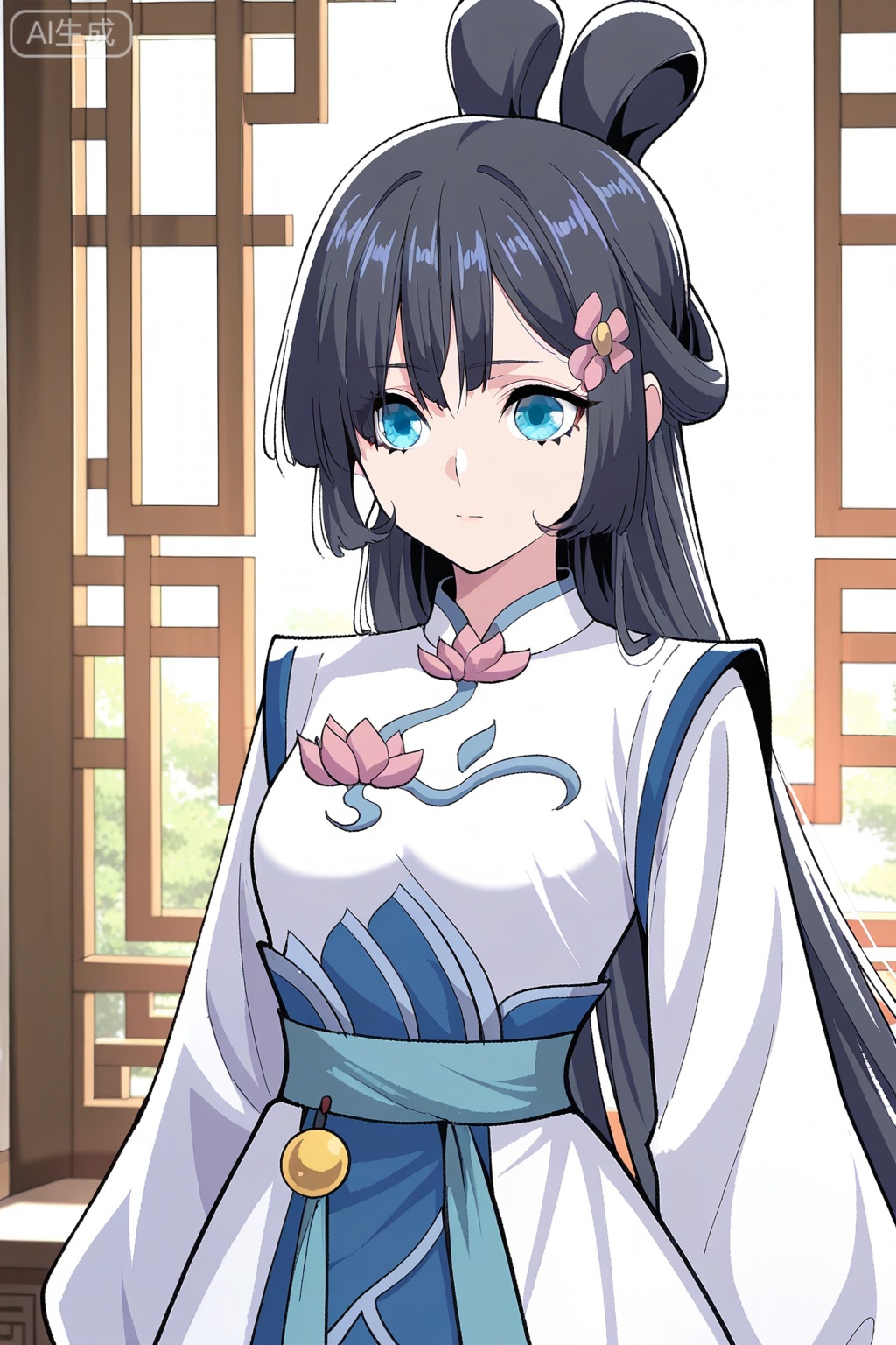 云霜,masterpiece,best quality,official art,extremely detailed CG unity 8k wallpaper,1girl, solo, blue eyes, long black hair, straight hair, bangs, flower hair ornament, side hair strands, ribbon bun, twin loop bun,traditional chinese clothes, white hanfu, blue hanfu, lotus pattern, long sleeves, layered dress, floral design, waist sash,